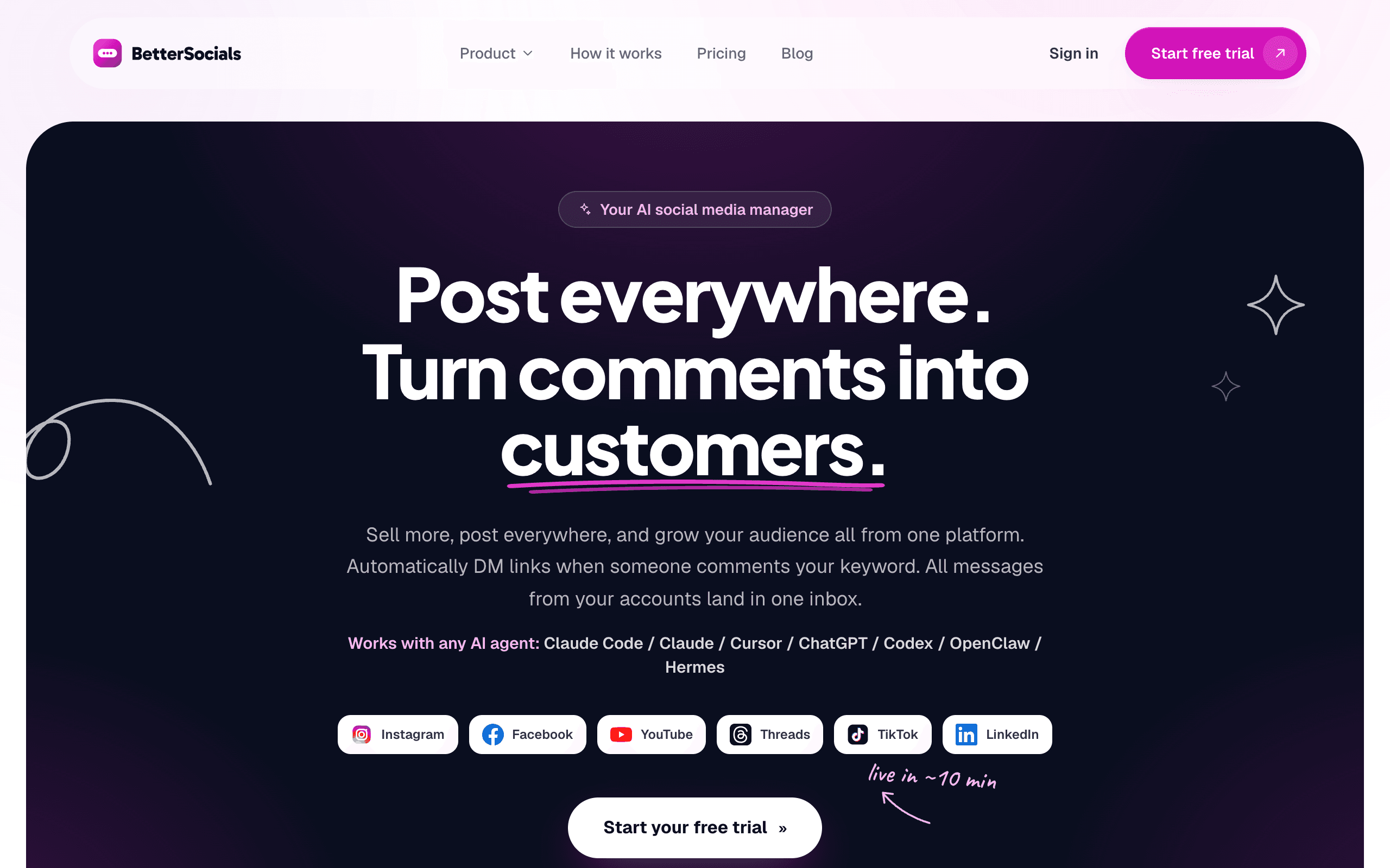 The BetterSocials homepage: one inbox for comments and DMs, with replies drafted in your own voice