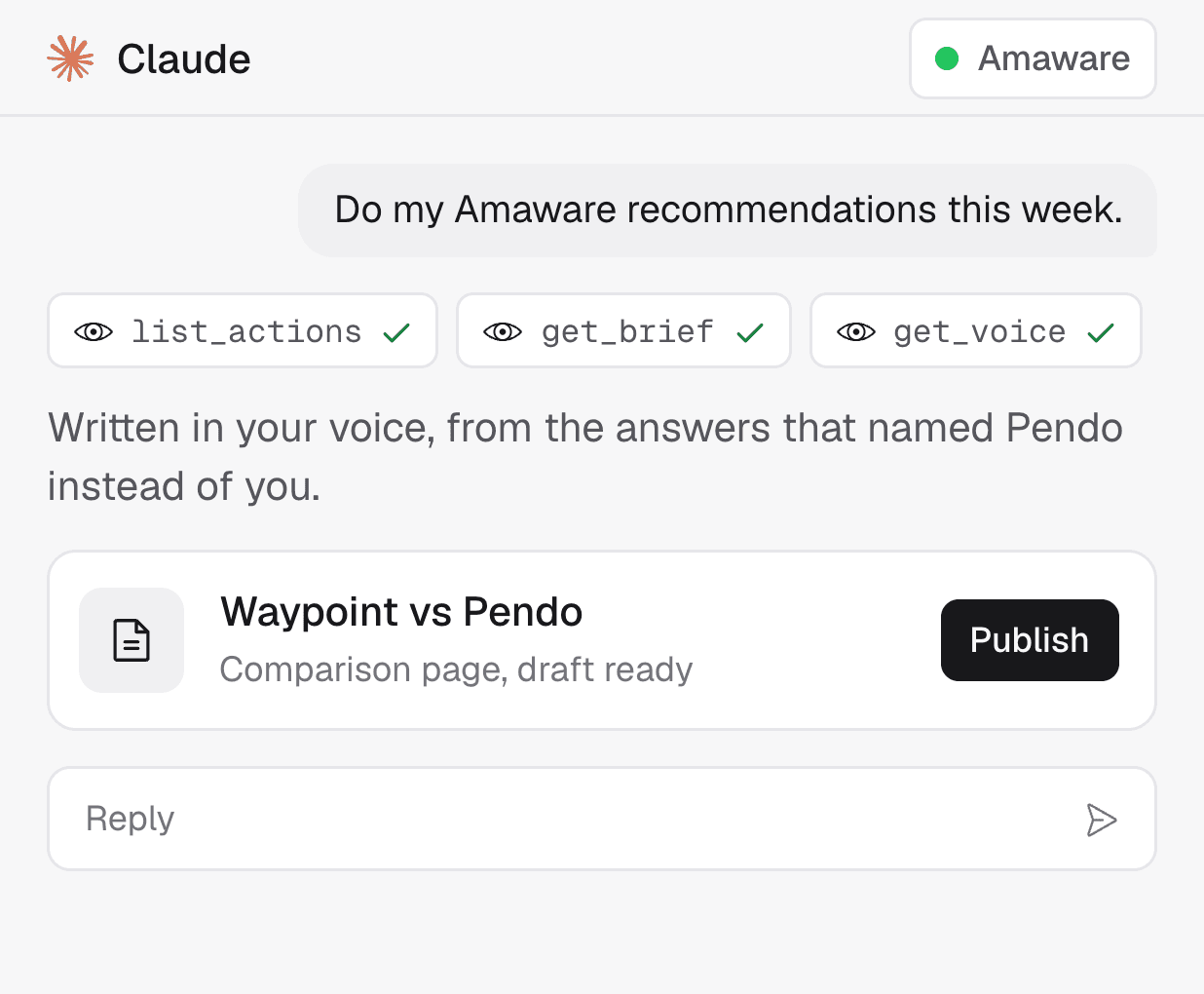 A chat in Claude with Amaware connected: one ask, three Amaware tools run, and a comparison page draft ready to publish