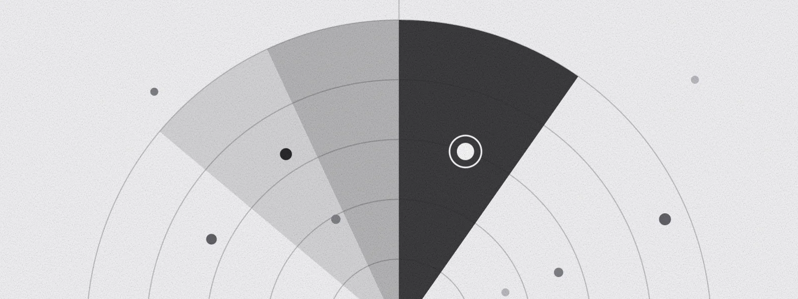 A radar sweep in ink on paper, with nine points on its rings and one lit inside the beam